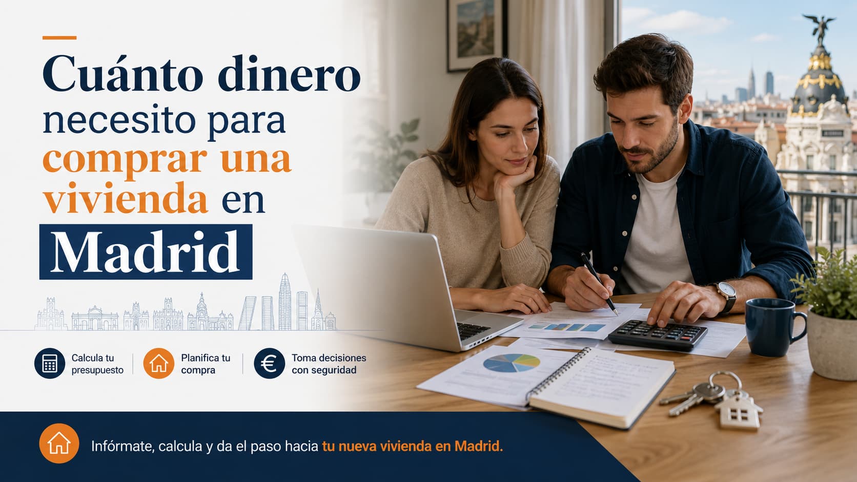 pareja calculando cuánto dinero necesita para comprar una vivienda en Madrid